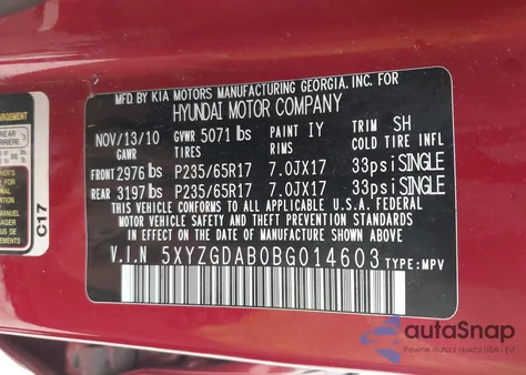 2011 Hyundai Santa Fe Gls z USA, uszkodzony, nr VIN 5XYZGDAB0BG014603